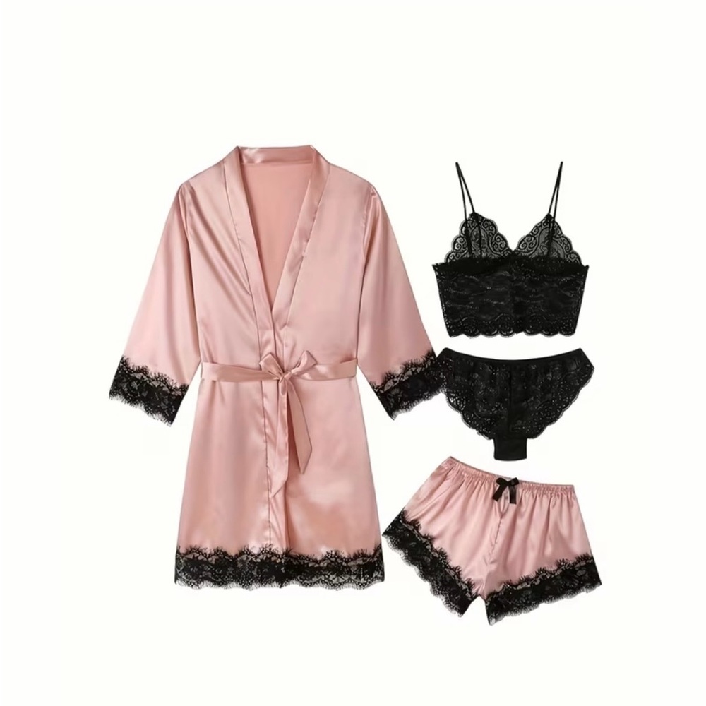Elegant Pink and Black Lace Sleepwear Set